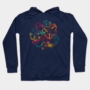 Pattern of colorful neon butterflies over dark violet Hoodie